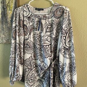 Adrienne Vittadini White Paisley slip belted Waist -Long-Sleeve Blouse NWT